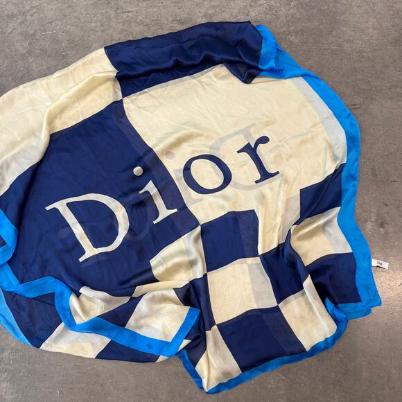 Vintage 90s Christian Dior Silk Blue Cream Checkered Pattern Dior Scarf 73x34 - Picture 1 of 5